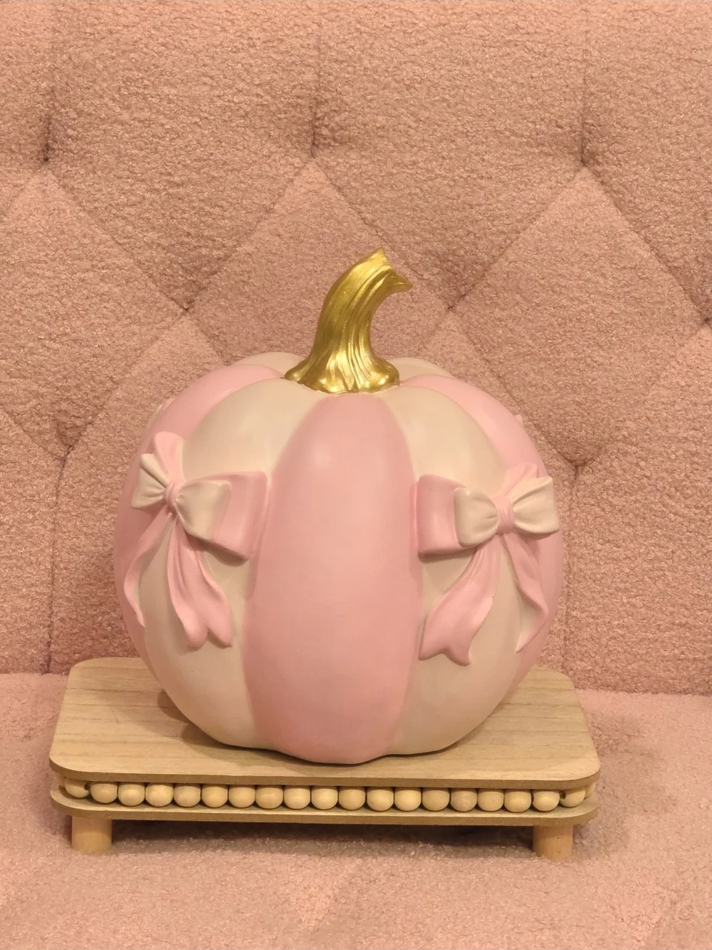 Coquette Pink and Cream Pumpkin w/Bow Accents & Gold Stem -Pink-Halloween Decor